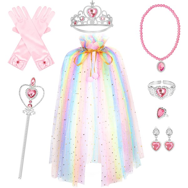 Hapgo Princess Cape Set 9 Pieces Girls Princess Dress Up Party Cosplay Cloak with Jewelry Tiara Crown Wand Gloves