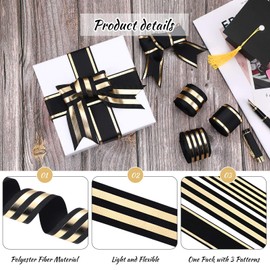 WILLBOND 3 Rolls 1.5 Inch Christmas Ribbons Striped Grosgrain Fabric Ribbons 15 Yards Wide Striped Gifts Wrapping Decor for Xmas Wreath Making DIY Crafts Party Supplies, 3 Styles(Black and Gold)