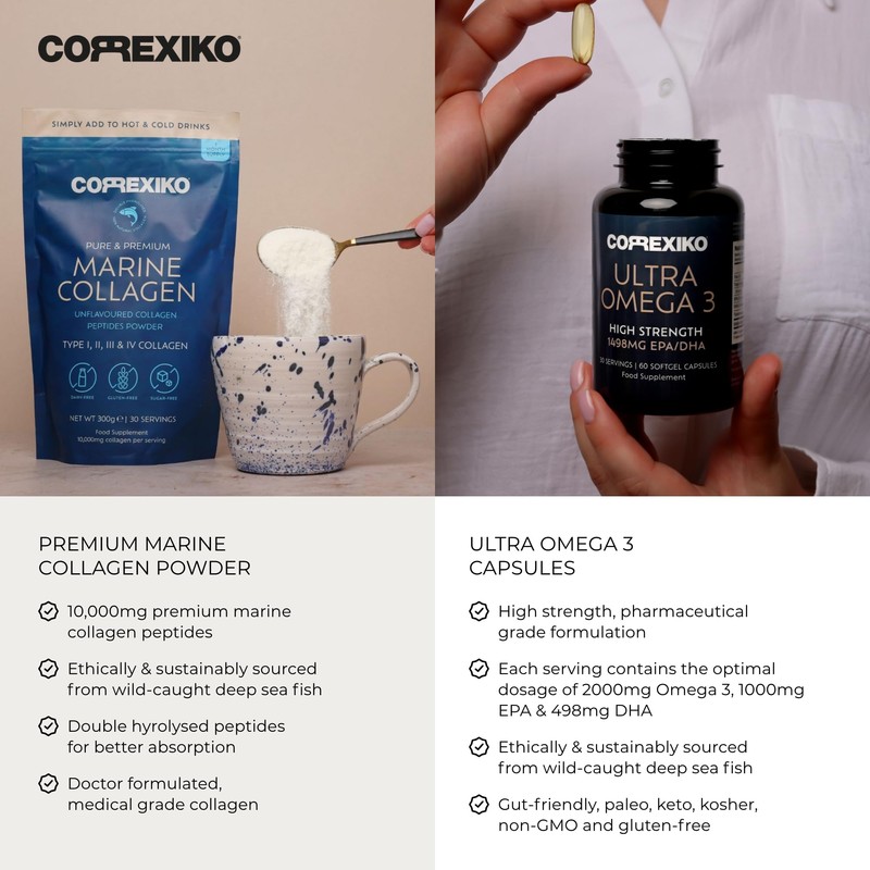 CORREXIKO Marine Collagen Powder & Ultra Omega 3 Supplement Bundle
