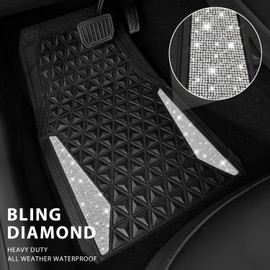 CAR PASS Bling Car Mats Diamond Rubber Floor Mats Full Set Anti-Slip 3D Rhombus Waterproof Trim to Fit Liner Universal Glitter Crystal Sparkly Shining Rhinestone Girl Women SUV Sedan, Silver Diamond