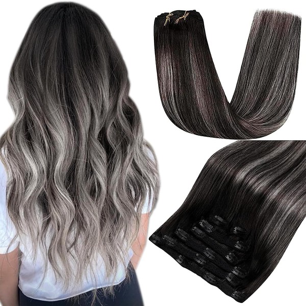RUNATURE Clip-In Real Hair Extensions, 30 cm, Ombre Black Invisible Clip-In Human Hair Extensions, 7 Pieces, 80 g/Pack, Real Hair Extensions Clips, Ombre Black Balayage Silver, Easy Fit