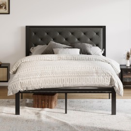 Allewie Full Bed Frame with Upholstered Headboard, Chic Diamond Stitched Tufted Design, No Box Spring Needed, Dark Grey