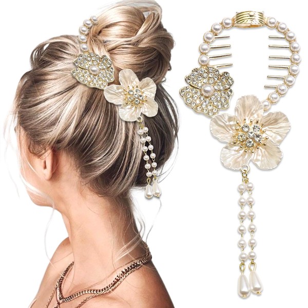 AOREAS Pearl Tassel Rhinestone Hair Clips Metal Banana Clips Decorative