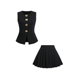 MakeMeChic Women's 2 Piece Suit Sets Metal Button Down Vest Top and Pleated Mini Skirt Set Black Large