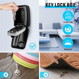 TEUEN Key Lock Box for Outside, Sturdy Waterproof Wall Mount Lock Box for House Key, 12-Digit Combination Resettable Large Capacity Security Lockbox for Home, Garage, Office, Warehouse