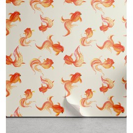 Lunarable Fish Peel & Stick Wallpaper for Home, Goldfish with Bubble Eye Pattern Illustration with Sea Animals Print, Self-Adhesive Living Room Kitchen Accent, 13" x 100", Orange and Beige