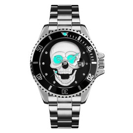 HUNRUY Skull Watches for Men Luminous 3D Skeleton GMT Unidirectional Bezel 30M Waterproof Quartz Wristwatches (Black-Silver)