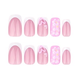 French Tip Press on Nails Square Medium Fake Nails with Designs Flowers Acrylic Nails Nude Pink Heart False Nails Press on Glossy Artificial Nails Glue on Nails for Women Girls Manicure 24Pcs