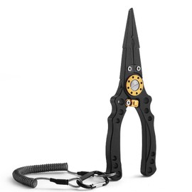 Aluminum Fishing Pliers Saltwater, Surf Fishing Tackle Kit, Fishing Multitool Hook Remover Braided Fishing Line Cutting and Split Ring with Coiled Lanyard and Sheath (Black)