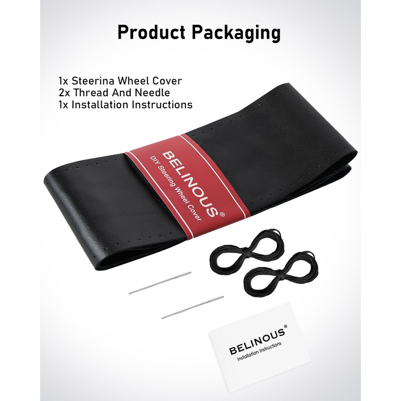 BELINOUS Leather Steering Wheel Cover Lace Up, Stitch on Steering