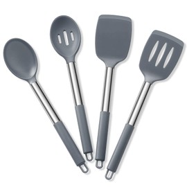 Cooking Utensils Set of 4, E-far Silicone Kitchen Utensils for Non-stick Cookware, Heat Resistant & Non-toxic Slotted Spatula Solid Spoon Turner for Flipping Mixing Serving Basting(Grey)