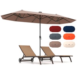 HAPPYGRILL 13 FT Double-sided Patio Umbrella with Solar Lights, Crank Handle & 12 Heavy-Duty Ribs, Outdoor Twin Size Oversized Rectangle Market Umbrella for Garden Deck Poolside (Coffee)