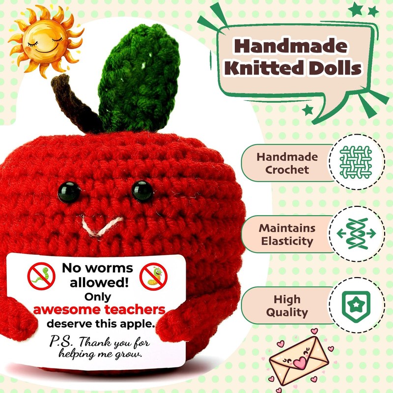 MAMAGIFTREE Teacher Appreciation Gifts Cute Crochet Apple No Worms Card