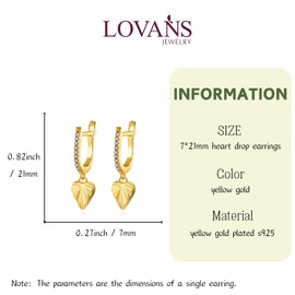 Gold Heart Dangle Earrings for Women 925 Sterling Silver Heart Drop Earrings with Cubic Zirconia Heart Ear Drop