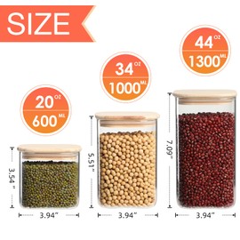 Honmtp Airtight glass food storage containers with pine lids (20oz/34oz/44oz) Set of 6, Storage jars with lids and seals, For flour cereal sugar tea coffee bean snacks rice, Square