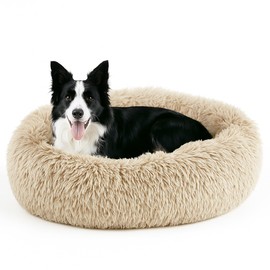 Deconovo Medium Dog Bed - Fluffy Dog Bed for Medium-Sized Dogs & Cats, Calming Anti-Anxiety Donut with Plush Comfort, Washable Round, Luxury Anti-Slip Cozy Puppy Bed, Beige