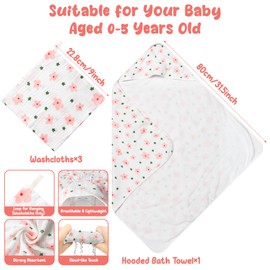 EFenegabos Hooded Towel Baby Muslin Wash Cloths - Pack of 4 Baby Towels with Hood, Baby Face Towels Made of Organic Cotton, Flower Baby Bath Towels for Newborns Boys Girls