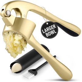 Zulay Kitchen Large Premium Garlic Press Set - Bigger Bowl for Bigger Garlic - Rust Proof & Dishwasher Safe Garlic Mincer Tool - Easy-Squeeze, Easy-Clean Silicone Garlic Peeler & Brush (Gold)