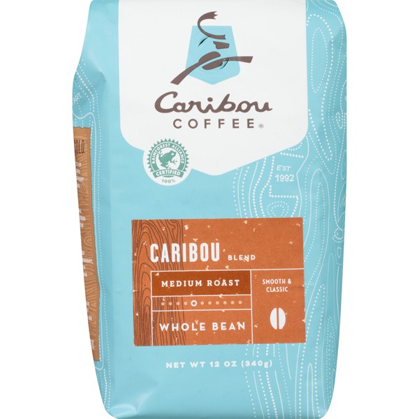 Caribou Coffee, Caribou Blend, Whole Bean, 12 oz. (2 Pack), Smooth & Balanced Medium Roast Coffee Blend from the Americas & Indonesia, with A Rich, Syrupy Body & Clean Finish; Sustainable Sourcing
