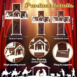 Huwena 3 Pcs Christmas Nativity Scene Cross Table Ornament Vintage Jesus Tabletop Decoration Rustic Farmhouse Nativity Set Holiday Wooden Dining Table Decoration for Home Tiered Tray Decor Xmas Signs