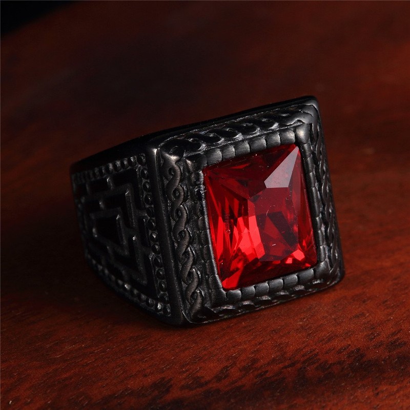 HIJONES Men'S Stainless Steel With Big Red Stone Black Ring