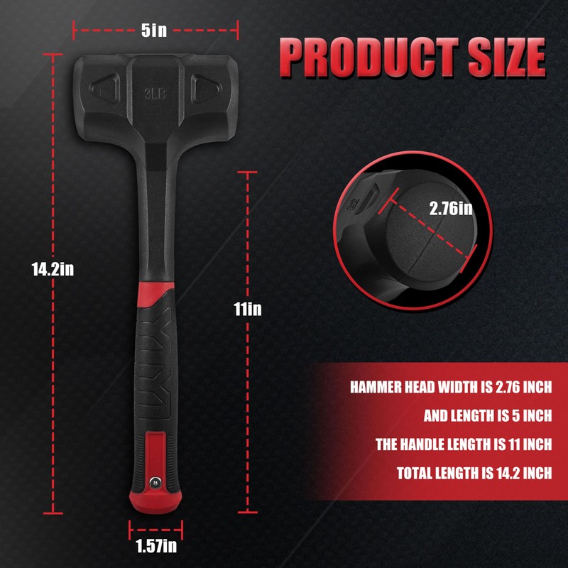 YIYITOOLS 3LB (48oz) Dead Blow Hammer, Heavy Duty One-Piece Forged