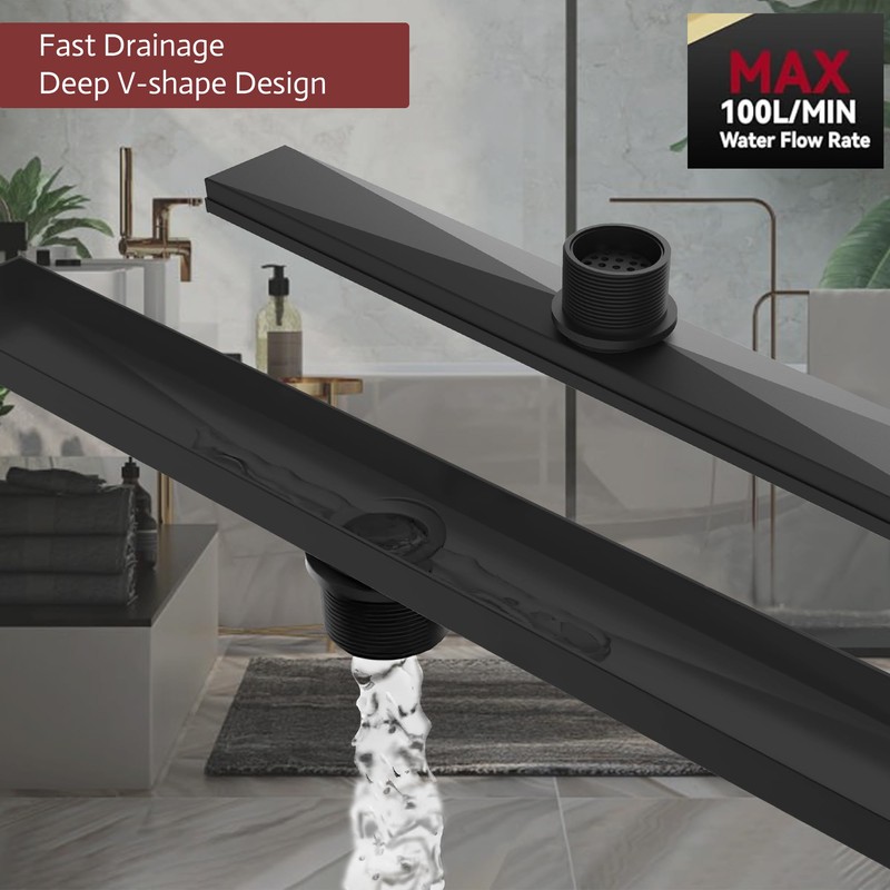32 Inch Linear Shower Drain, Matte Black Shower Drain,Removable Grate,