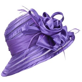 HilyBony Ladies Kentucky Hat Organza Bucket Derby Hat - Bridal Wedding Church Tea Party Wide Brim Summer Sun Hat, Purple