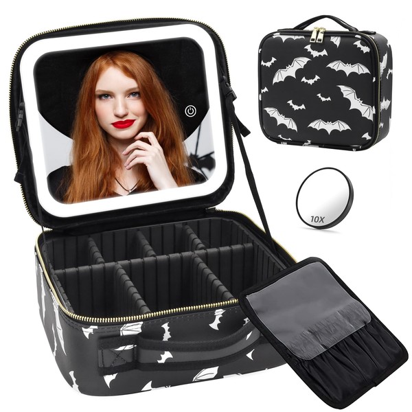 RRtide Halloween Travel Makeup Bag Cosmetic Make up Organizer Bag with Large Lighted Mirror 3 Color Modes Adjustable Brightness, PU Leather Makeup Travel Train Case with Bats Print, Halloween Gifts