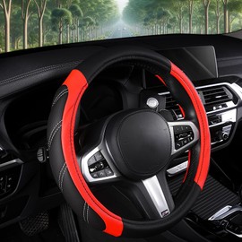 AUTOYOUTH Steering Wheel Cover Universal Fit for Car, Truck, SUV, Van, Breathable Long-Lasting Anti-Slip Microfiber Leather Car Steering Wheel Covers for Men Women 14 1/2 to 15 inch, Red and Black