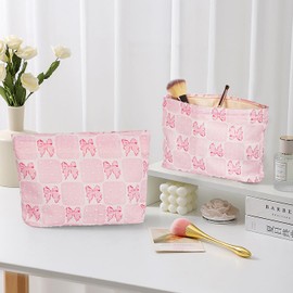 Large Makeup Bag for Purse, Pink Grid Bow Cosmetic Bag for Women Girls, Cute Pink Bowknot Canvas Travel Toiletry Bag Organizer, Aesthetic Coquette Makeup Pouch Cosmetic Pouch with Zipper