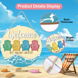 TOARTi 3D Welcome Sit Relax Enjoy Round Hanging Sign Farmhouse Summer Welcome Signs Wooden Beach Wreaths for Front Door Housewarming Gift for Beach House Welcome Sign Decor