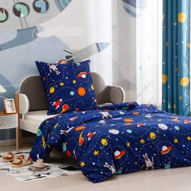 Lanqinglv Bed Linen 135 x 200 cm Children's Bed Linen Baby Bed Linen Blue Space Starry Sky Universe Pattern Reversible Bedding Duvet Cover and Pillowcase 80 x 80 cm with Zip