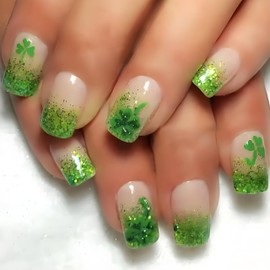 24Pcs St. Patrick's Day Press on Nails Square Short Fake Nails with Green Glitter French Four Leaf Clover Designs Glue on Nails Holiday False Nails Full Cover Acrylic Artificial Nails for Women Girls