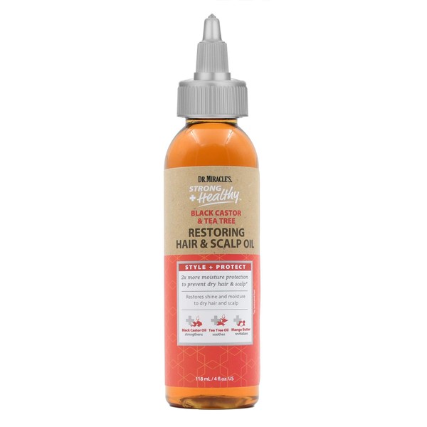 Dr. Miracle's Strong & Healthy Restoring Hair & Scalp Oil. Contains Black Castor Oil, Tea Tree Oil and Mango Butter providing 2x more moisture to prevent dry hair and scalp.