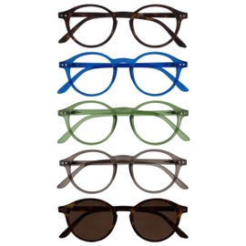OPULIZE REY Readers with Reading Sunglasses - 5-Pack - Round Frame - Matt Brown, Blue, Green, Grey, Brown - Mens Womens - Spring Hinges - RRRRS56-23672 - +1.00