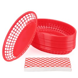 MANCHAP 50 Pack 8.8 x 5.5 Inch Red Fast Food Baskets, Plastic Food Serving Baskets with 100 Checkered Deli Liners, Oval Food Baskets for Deli Fast Food Service, Hot Dogs, Burgers