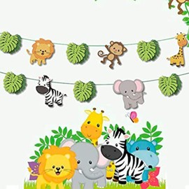 Jungle Birthday Party Decoration, Happy Birthday Banner, Cartoon Safari Jungle Animal Banner, Paper Bunting Garland Forest Theme Birthday Festival Parties