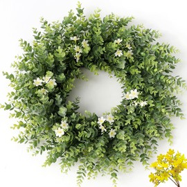 24" Large Eucalyptus Wreath for Front Door – All Season Artificial Greenery Wreath with White & Yellow Blossoms – Full Front Door Wreath for Porch, Farmhouse Entryway & Home Wall Decor