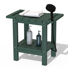 Plawdlik HDPE Shower Stool for Bathroom - 2-Tier Storage Shelf Waterproof Shower Bench Wood Texture - Shaving Stool for Inside Shower, Bathtub, or Spa, Durable Indoor/Outdoor Seat Green