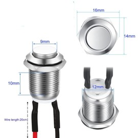 Pack of 2 12 mm Waterproof Switch, Pressure Switch, Waterproof Push Button Momentary Stainless Steel Button On with Wire for Horns, Car Bells, Cars etc. with Wire