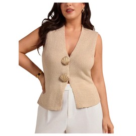Milumia Women's Plus Size Sweater Vest Meatal Seashell V Neck Knit Tank Top Sleeveless Cardigans Apricot 4X-Large Plus