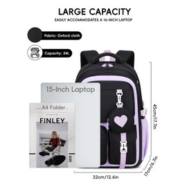 Tanou School Bag Girls Backpack School, Breathable and Comfortable School Backpack Teenager, Fashionable Kids School Bag Made of Oxford Fabric for Girls 3rd to 5th Grade, black