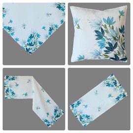 Tablecloth Table Runner Table Cloth Cushion Cover Print Design Modern Leaves in Aqua on White Background (40 x 85 cm)