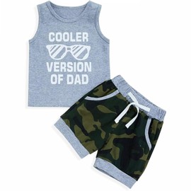 BOVOSHA Baby Boy Clothes Kids Summer Outfits Toddler Letter Print Tank Top + Camouflage Shorts Set (Grey, 6-12M)