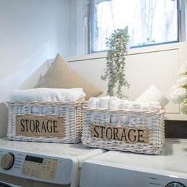 happimess BSK1005A-2SET Reed Southwestern Hand-Woven Rattan Nesting Baskets with Handles for Storage and Decoration in Bathroom, Bedroom, Closet, Entryway, White Wash/Kubu Gray (Set of 2)