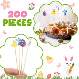 Rtteri 200 Pcs Easter Cocktail Picks for Appetizers 4.7 Inch Bunny Egg Bamboo Wood Fruit Food Sticks Flower Cross Chick Decorative Martini Picks Drink Toothpicks for Easter Party, 4 Style