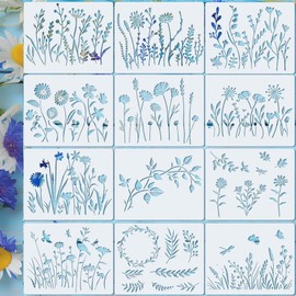 LynixTrade 12Pcs Stencils for Crafts Reusable, Nature Flower Stencils for Fabric Painting, Floral Leaves & Flower Drawing Templates for Painting on Wood Canvas DIY Art Card Window Wall Decor