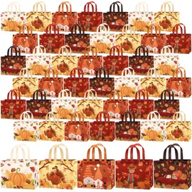 Abbylike 100 Pack Fall Thanksgiving Gift Tote Bags Bulk Large Non-woven Grocery Bags with Handles Reusable Turkey Pumpkin Autumn Thanksgiving Party Favor Supplies, 12.8 x 9.8 x 6.7 Inch