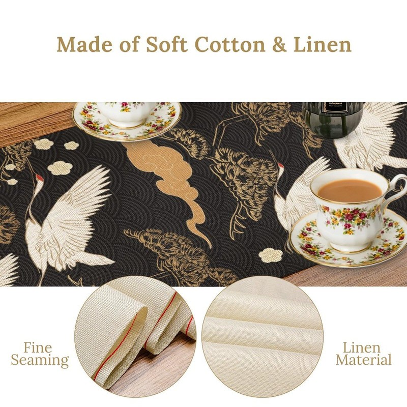 Crane Table Runner, Vintage Luxury Black Golden Asian Japanese Abstract